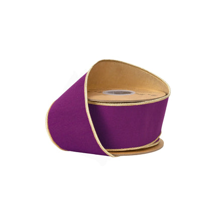 2 1/2" wired dupioni ribbon, rich purple fabric with shiny metallic gold backing for luxury holiday decor