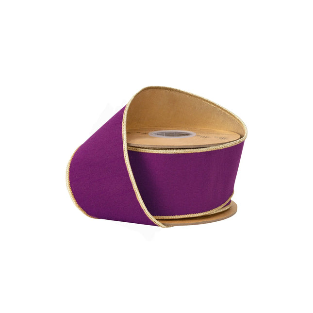 2 1/2" wired dupioni ribbon, rich purple fabric with shiny metallic gold backing for luxury holiday decor