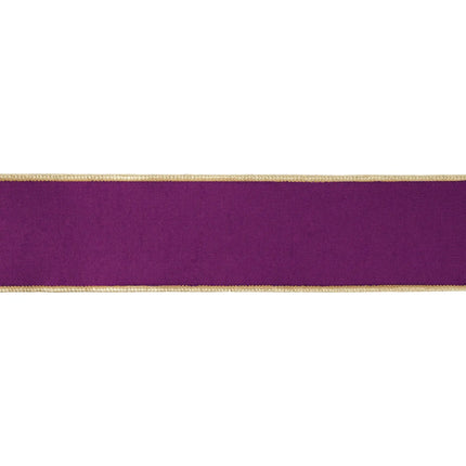 Sophisticated decorative wired ribbon, purple dupioni fabric with premium metallic gold backing for festive accents