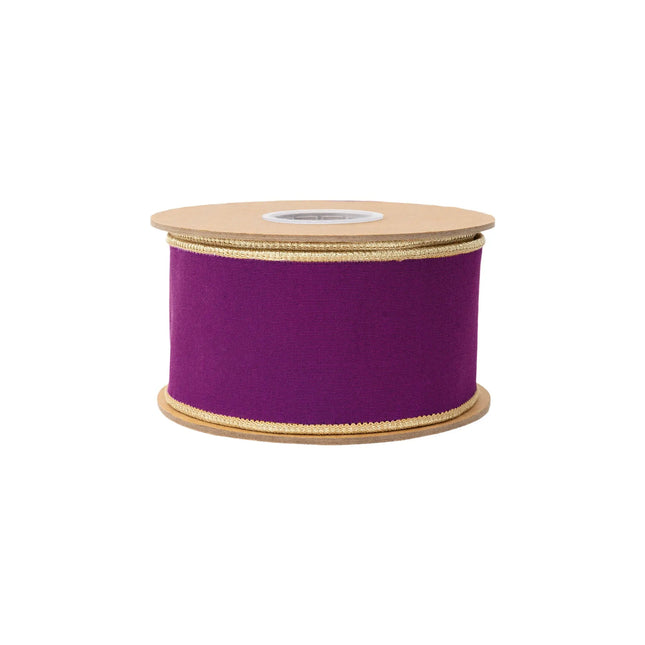 Vibrant purple dupioni wired ribbon, 2.5â€‘inch width with gold metallic trim and polished reverse side