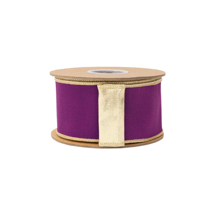 Premium 2 1/2" wired ribbon, smooth purple dupioni material paired with reflective metallic gold backing
