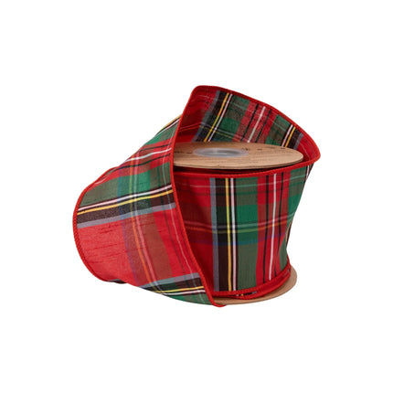 4" wired dupioni ribbon, traditional red‑green‑blue Christmas plaid pattern for large‑scale holiday decor