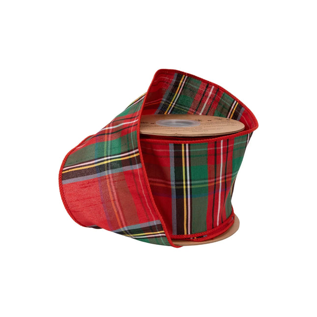 4" wired dupioni ribbon, traditional redâ€‘greenâ€‘blue Christmas plaid pattern for largeâ€‘scale holiday decor