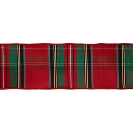 4‑inch wired dupioni ribbon with classic Christmas plaid for farmhouse‑style big holiday decorations