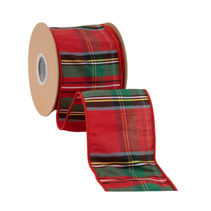 Wide classic tartan dupioni wired ribbon, 4‑inch width with vibrant red green blue festive plaid design