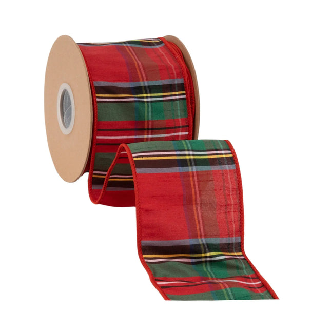 Wide classic tartan dupioni wired ribbon, 4â€‘inch width with vibrant red green blue festive plaid design