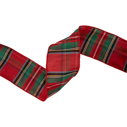Bold seasonal wired dupioni ribbon featuring timeless red‑green‑blue traditional plaid for winter DIY crafts