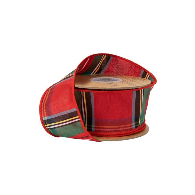 2 1/2" wired dupioni ribbon, traditional Christmas redâ€‘greenâ€‘blue plaid pattern for festive holiday decor