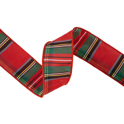 Rustic seasonal wired dupioni ribbon featuring bold red‑green‑blue traditional plaid for winter DIY crafts