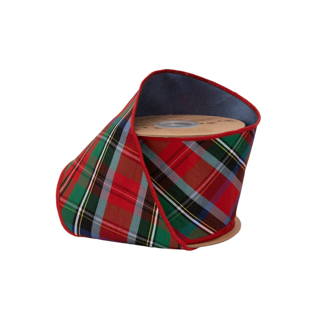 4" wired dupioni ribbon, biasâ€‘cut traditional redâ€‘greenâ€‘blue Christmas plaid with solid blue backing