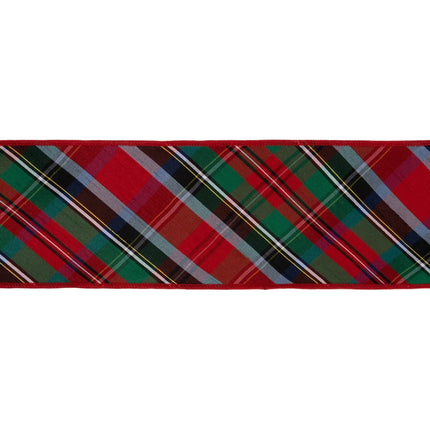 Oversized decorative wired craft ribbon, diagonal red‑green‑blue plaid dupioni material paired with blue backing