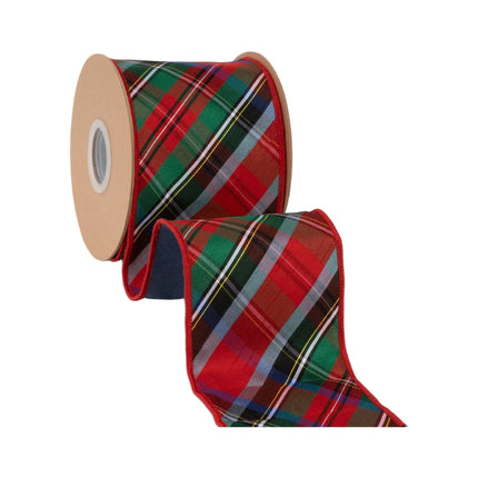 Wide diagonal tartan dupioni wired ribbon, featuring red‑green‑blue bias plaid and blue reverse side