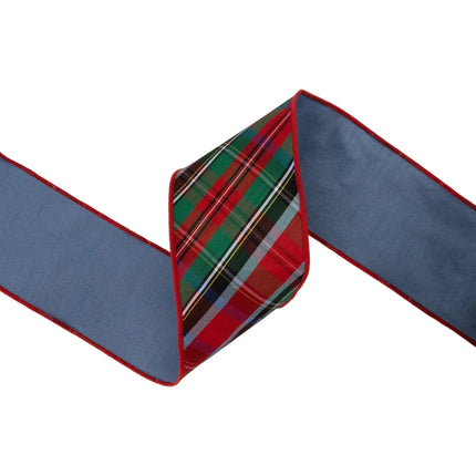 4" wired dupioni ribbon, bias‑cut traditional Christmas plaid with blue backing for winter decorations