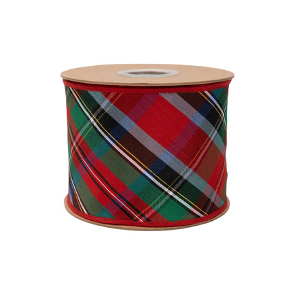 Bold wired dupioni ribbon with angled red‑green‑blue plaid pattern and blue backing for festive statement styling