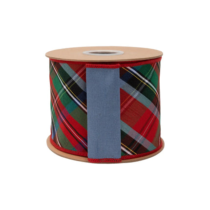 Premium 4" wired ribbon, bias‑cut Christmas plaid dupioni fabric with smooth blue backing for crafts