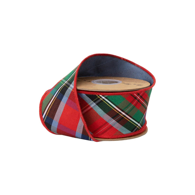 2 1/2" wired dupioni ribbon, biasâ€‘cut traditional redâ€‘greenâ€‘blue Christmas plaid with solid blue backing