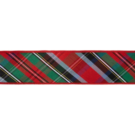 Decorative wired ribbon, diagonal red‑green‑blue plaid dupioni material with blue backing for Christmas arrangements