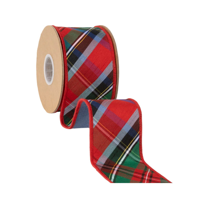 Diagonal tartan dupioni wired ribbon, featuring redâ€‘greenâ€‘blue bias plaid pattern and blue reverse side