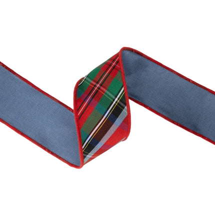 wired dupioni ribbon, bias‑cut traditional Christmas plaid with blue backing for home styling