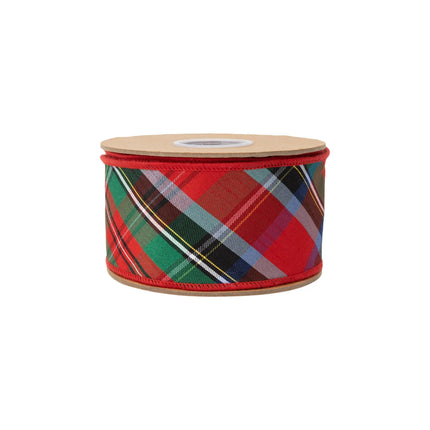 Stylish wired dupioni ribbon with angled red‑green‑blue plaid design and blue backing for wreath embellishments