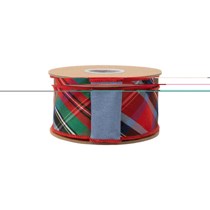 Premium wired ribbon, bias‑cut Christmas plaid dupioni fabric paired with smooth blue backing
