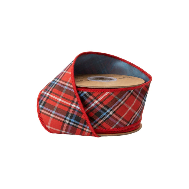 2 1/2" wired ribbon, redâ€‘blueâ€‘black woven plaid pattern with premium blue dupioni backing for rustic holiday decor