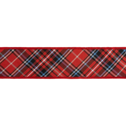 High‑quality craft wired ribbon, bold red blue black woven plaid fabric matched with durable blue dupioni backing