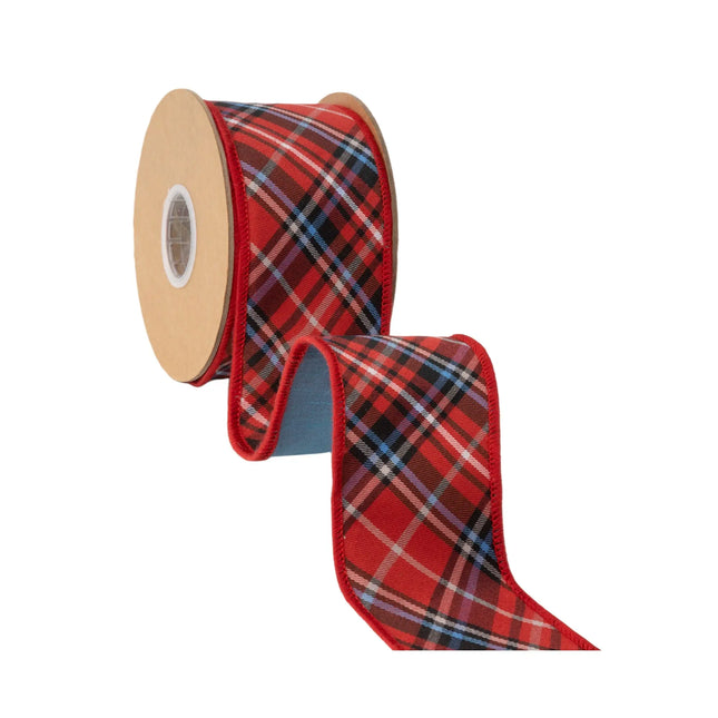 Classic tartan wired ribbon, featuring red blue black woven check and soft blue dupioni reverse side