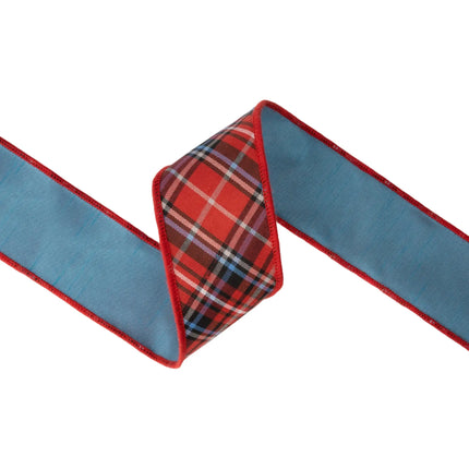 2 1/2" wired decorative ribbon, timeless red‑blue‑black woven plaid with blue dupioni backing for farmhouse styling
