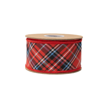 Stylish seasonal wired ribbon with vibrant red‑blue‑black woven plaid design and blue dupioni backing for wreath accents