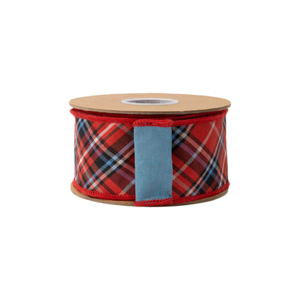 Premium 2 1/2" wired ribbon, textured woven red‑blue‑black plaid paired with smooth blue dupioni backing