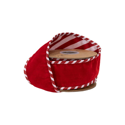 2 1/2" wired premium red velvet ribbon with red white candy stripe backing and striped piping