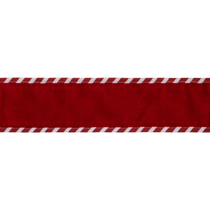 Festive red velvet wired ribbon with candy striped piping and reverse side perfect for winter farmhouse