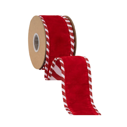 Solid red velvet wired ribbon with red-white striped trim and candy cane reverse, for holiday gift bows.