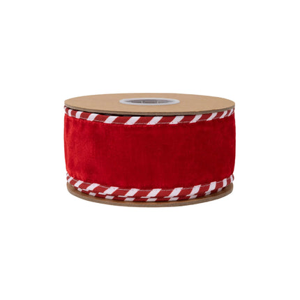 Classic candy stripe backed red velvet ribbon with matching striped piping, suited for seasonal accents.