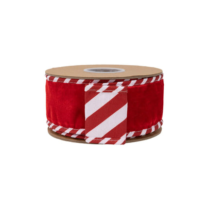 2 1/2" reversible wired velvet ribbon featuring plush red front and red-white striped lining for DIY crafts.