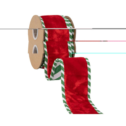 Premium solid red velvet wired ribbon with candy stripe reverse and striped edge trim,  for DIY crafts.