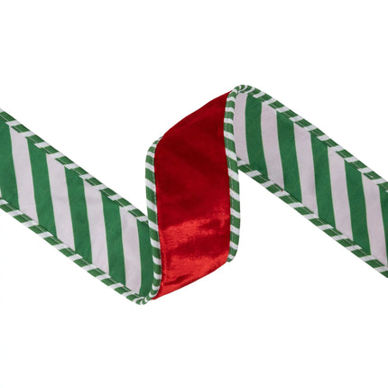 2.5-inch premium wired red velvet ribbon with green white striped backing for gift wrapping 