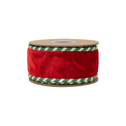 Traditional Christmas red velvet ribbon with striped piping and stripe lining, suited for Christmas tree trimming