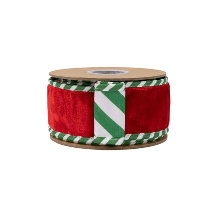 2 1/2" reversible wired velvet ribbon featuring plush red front and green-white candy striped backing for Xmas floral arrangements.
