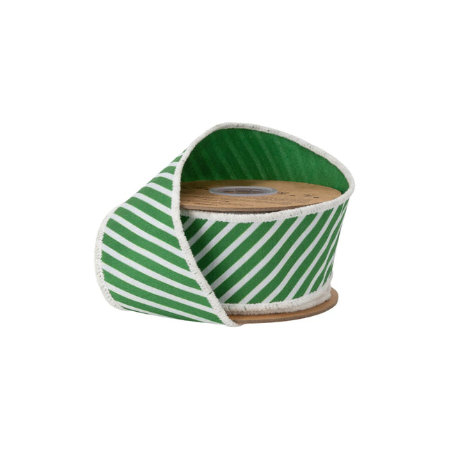 2 1/2" wired dupioni ribbon, small biasâ€‘cut bright greenâ€‘white stripes with solid green backing for festive decor