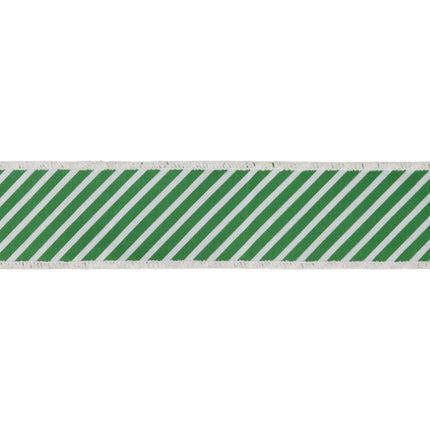 Modern craft wired ribbon, crisp small bias green‑white striped fabric matched with vibrant green dupioni backing