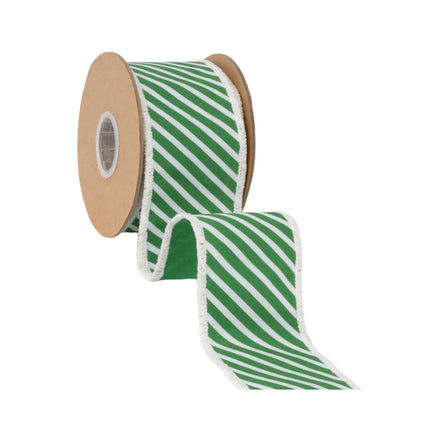 Fresh diagonal striped dupioni wired ribbon, featuring thin green‑white bias pattern and green reverse side