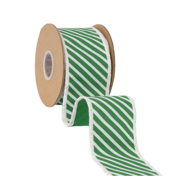 Fresh diagonal striped dupioni wired ribbon, featuring thin greenâ€‘white bias pattern and green reverse side