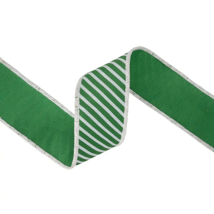 wired decorative ribbon, delicate small bright green‑white diagonal stripes with green backing