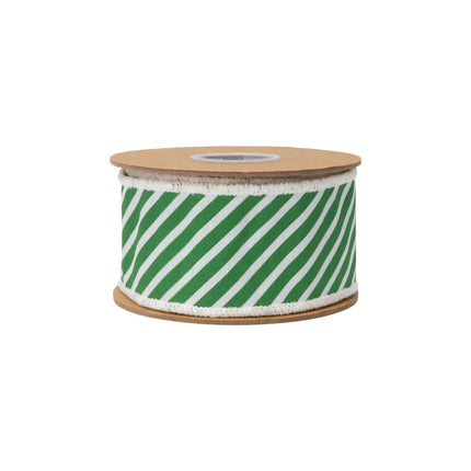 Cheerful  wired dupioni ribbon with slim bias green‑white stripe design and green backing
