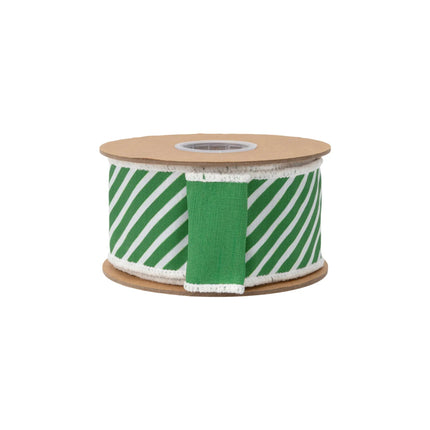 2 1/2" wired ribbon, small angled bright green‑white stripes paired with smooth green dupioni backing