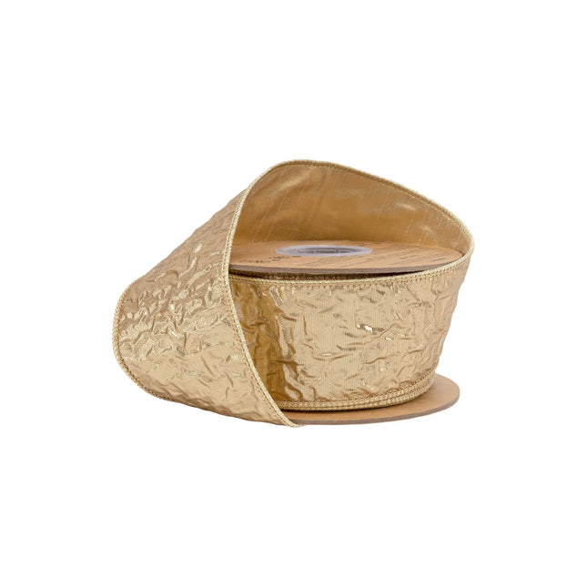 2 1/2" wired dupioni ribbon, textured gold metallic fabric with matching metallic backing for decor