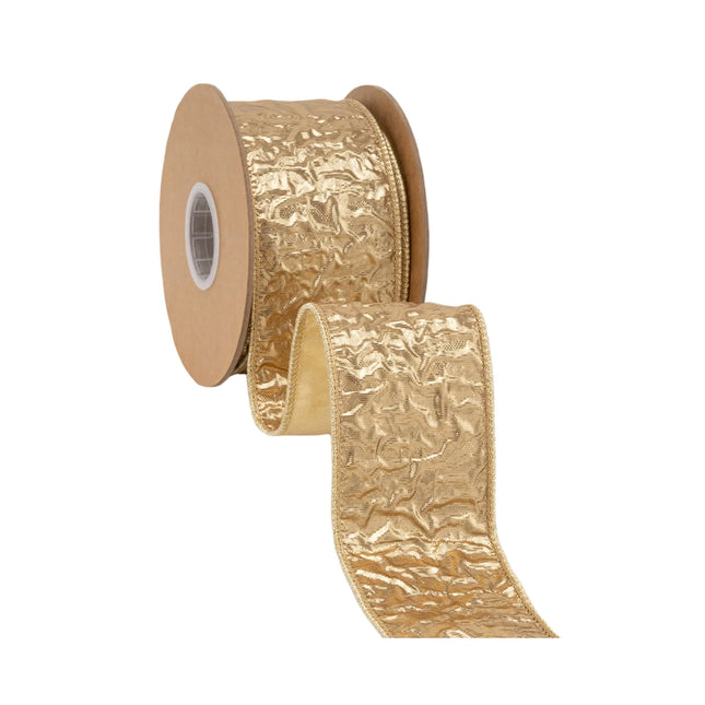 Crinkled gold metallic dupioni wired ribbon, featuring embossed texture and reflective metallic reverse side