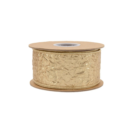 Luxe seasonal wired dupioni ribbon with textured gold metallic finish and coordinating metallic backing accents